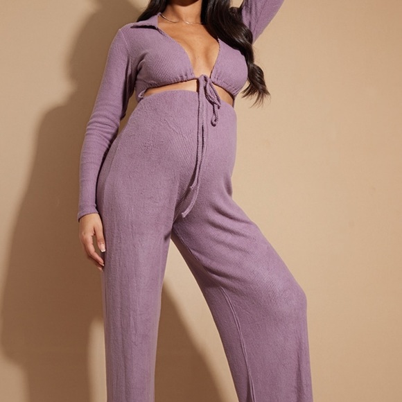 Lilac Brushed Rib Cut Out Polo Wide Leg Jumpsuit - Picture 1 of 4